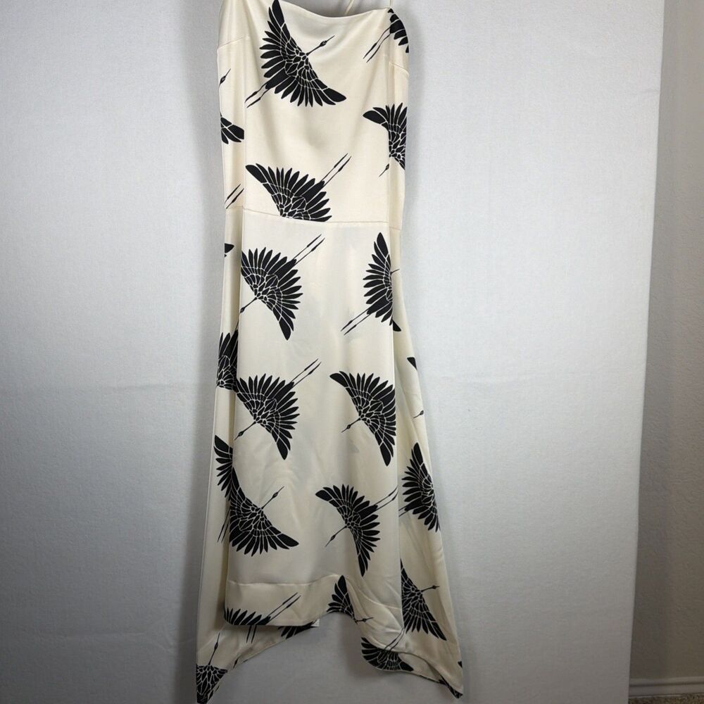 Worthington Crane Print Midi Dress Womens 8 Cream Excellent Handkerchief Hem